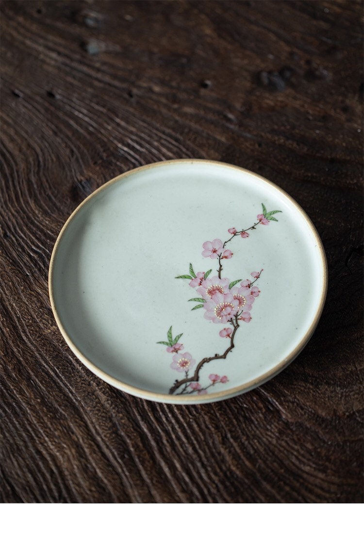 Gohobi Hand painted tea tray ceramic Flowers handmade tea saucer Chinese Gongfu tea tray Kung fu Japanese Chado peach blossom tea ceremony