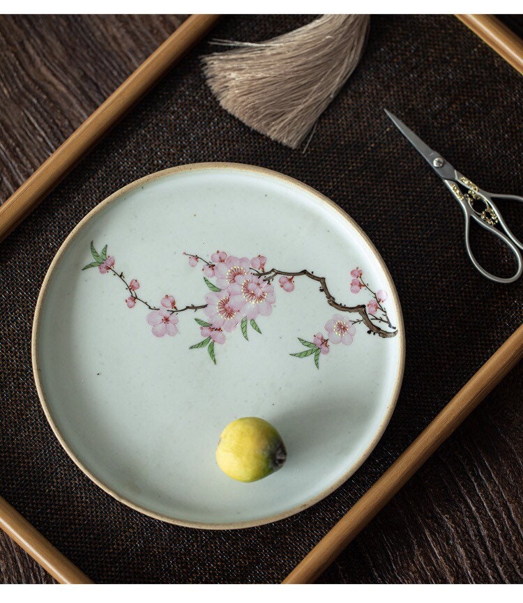 Gohobi Hand painted tea tray ceramic Flowers handmade tea saucer Chinese Gongfu tea tray Kung fu Japanese Chado peach blossom tea ceremony