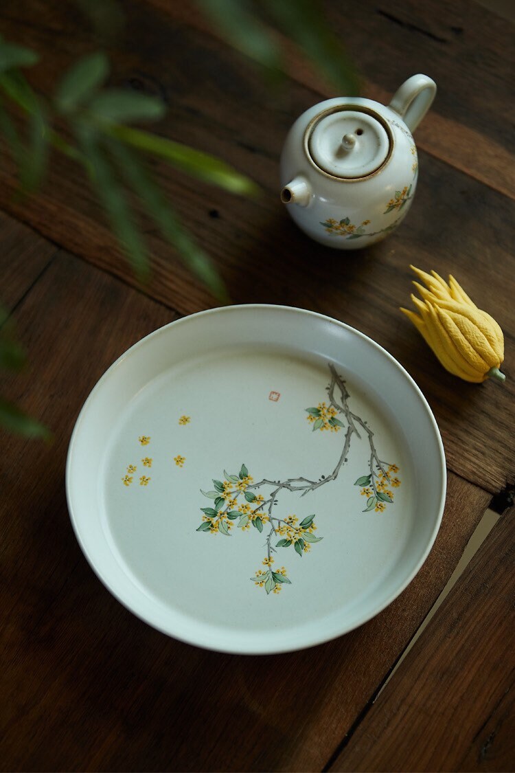 Gohobi Hand painted tea tray ceramic Flowers Osmanthus handmade tea saucer Chinese Gongfu tea tray Kung fu Japanese Chado tea ceremony