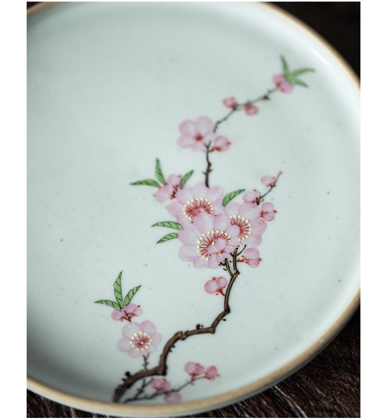 Gohobi Hand painted tea tray ceramic Flowers handmade tea saucer Chinese Gongfu tea tray Kung fu Japanese Chado peach blossom tea ceremony