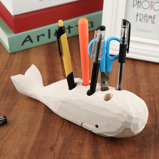 Gohobi Hand crafted wooden white whale pen holder organiser ornaments unique gift for him for her