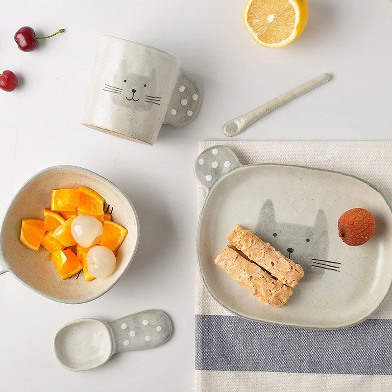 Gohobi handmade ceramic cat fish bear bowl plate set Japanese style tableware stoneware
