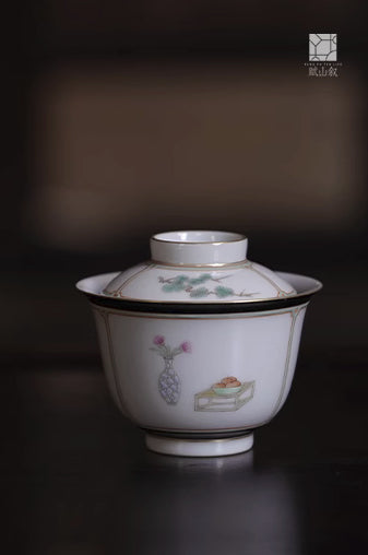 [賦山敘 x Gohobi] “Garden Offering” Green & Ink-Rimmed Gaiwan – Small Hand-Painted Ceramic Gongfu Tea Bowl for Rock Tea