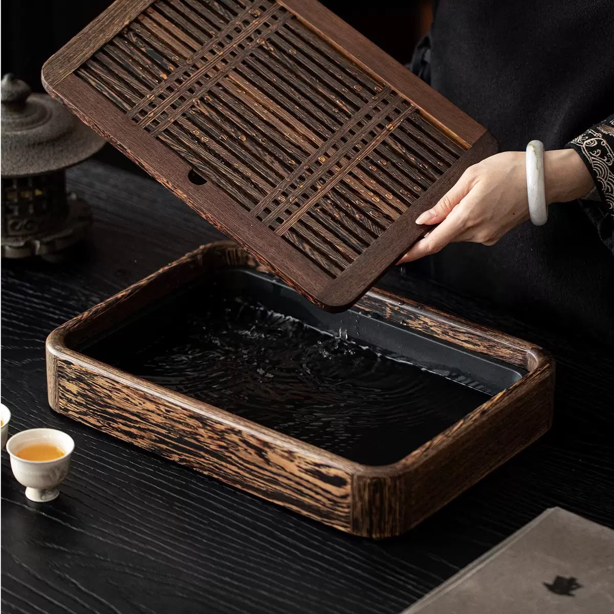 Gohobi Black Walnut Wood Tea Tray – Rectangular Solid Wood Gongfu Dry Brewing Tray