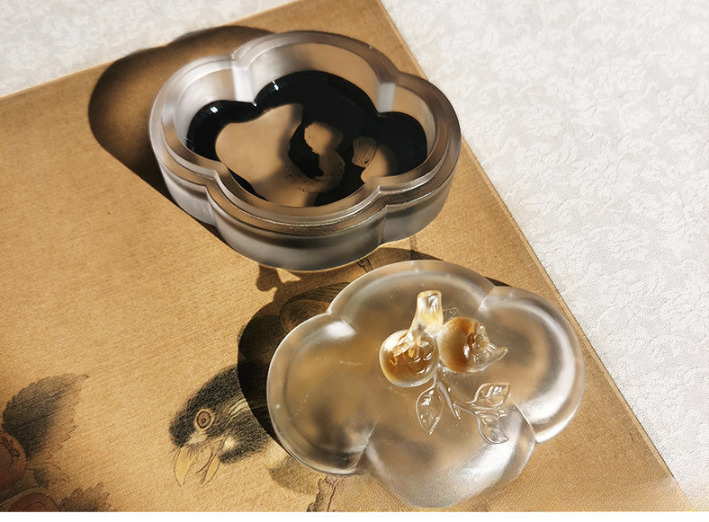 Gohobi Pate de Verre Persimmon Coloured Begonia Glass Case Ink Box Jewellery Holder Container