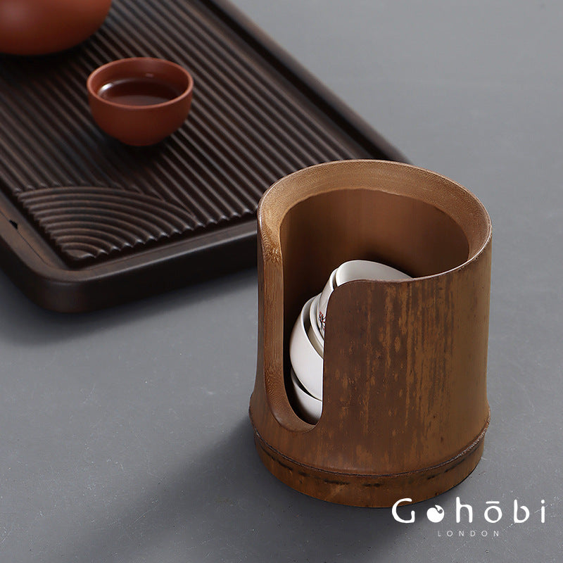 Gohobi Bamboo Woven Tea Cup Holder Basket – Zen Style Tea Set Storage Tube & Chopstick Basket