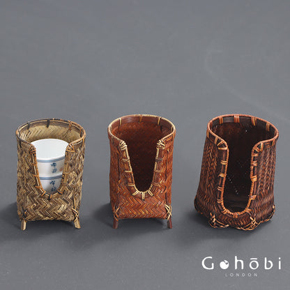 Gohobi Bamboo Woven Tea Cup Holder Basket – Zen Style Tea Set Storage Tube & Chopstick Basket