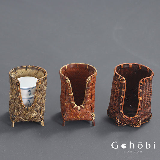 Gohobi Bamboo Woven Tea Cup Holder Basket – Zen Style Tea Set Storage Tube & Chopstick Basket