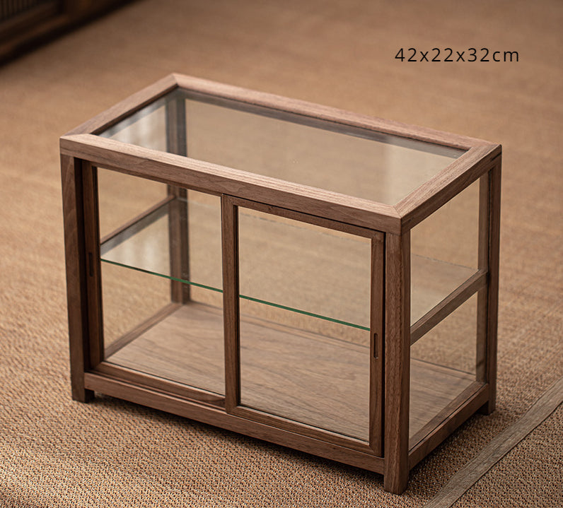 Gohobi Walnut Wood Glass Tea Cabinet (Double Sliding Door)