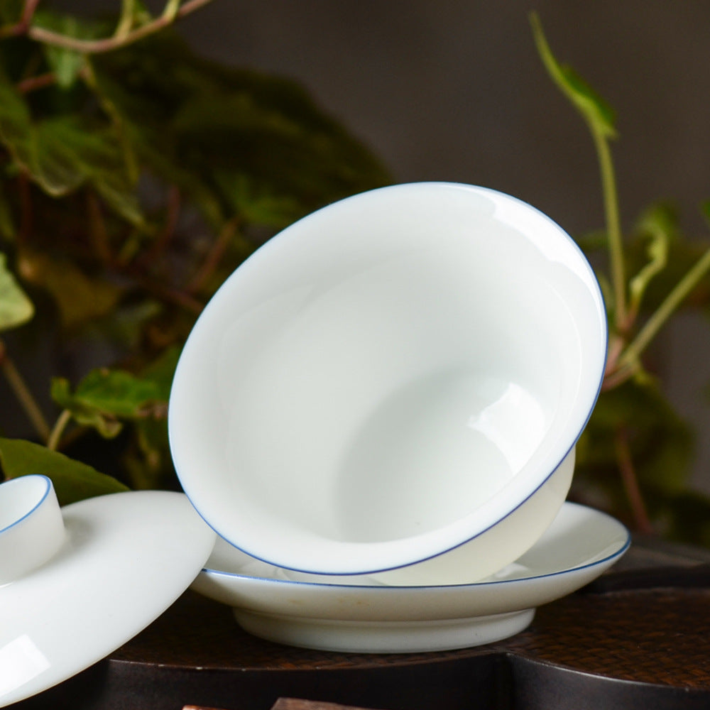 Gohobi Handmade Classic White Blue Rim Ceramic Gaiwan