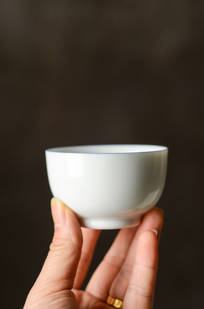 Gohobi Handmade Classic White Blue Rim Ceramic Tea Cup (Lagrer 130ml version)