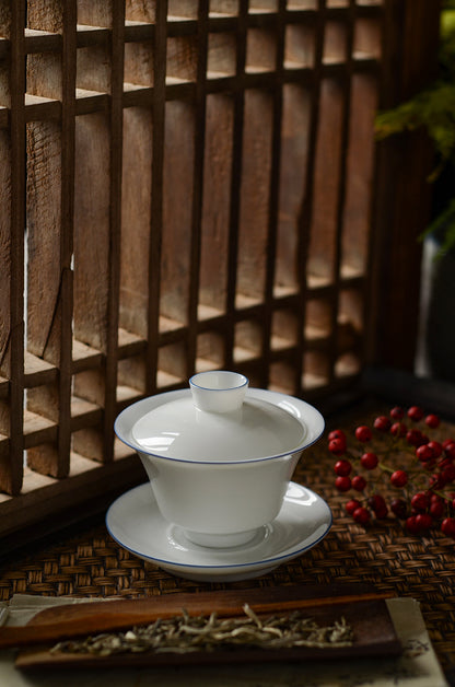 Gohobi Handmade Classic White Blue Rim Ceramic Gaiwan