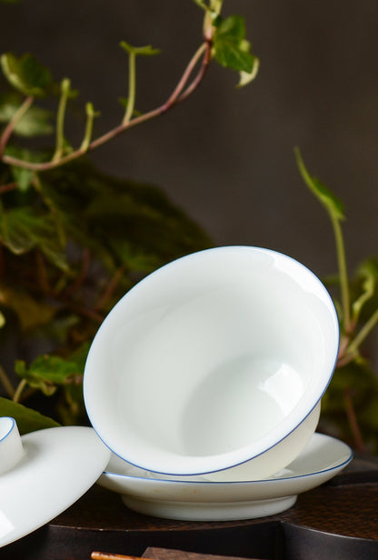 Gohobi Handmade Classic White Blue Rim Ceramic Gaiwan