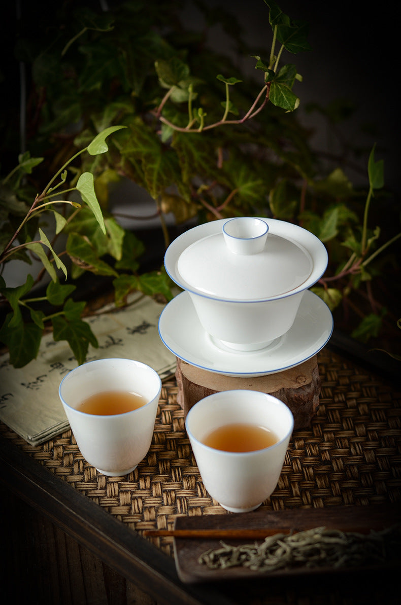 Gohobi Handmade Classic White Blue Rim Ceramic Gaiwan