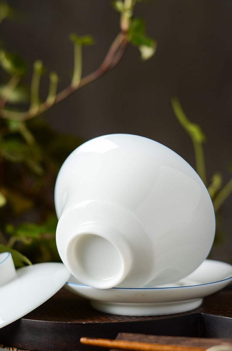 Gohobi Handmade Classic White Blue Rim Ceramic Gaiwan