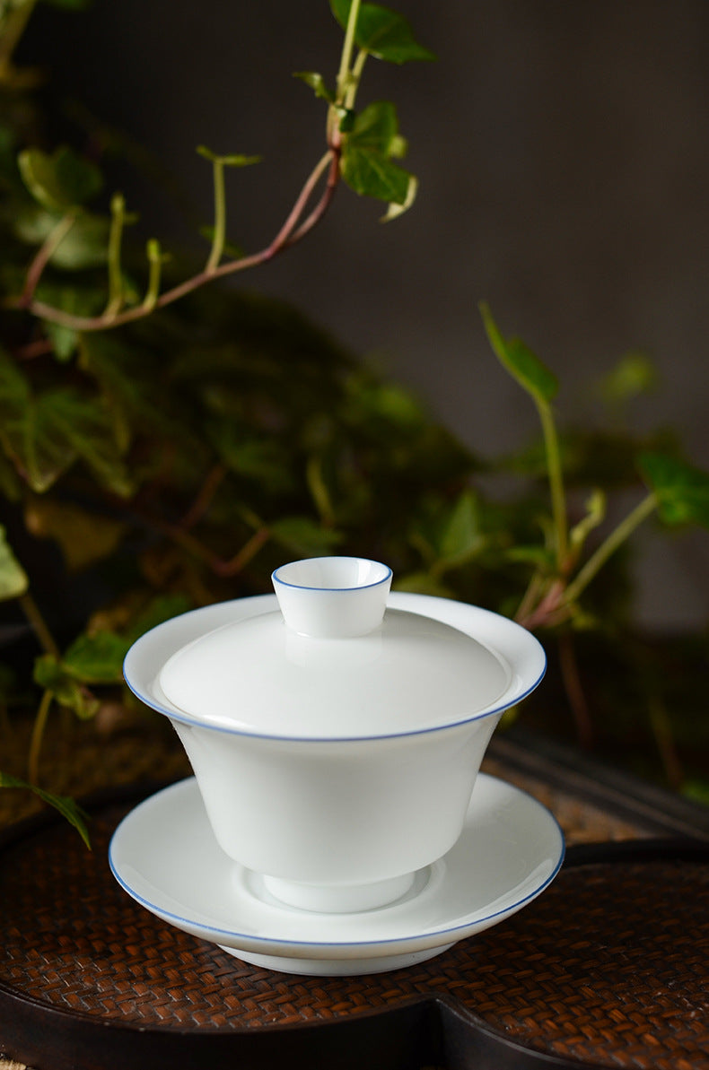 Gohobi Handmade Classic White Blue Rim Ceramic Gaiwan