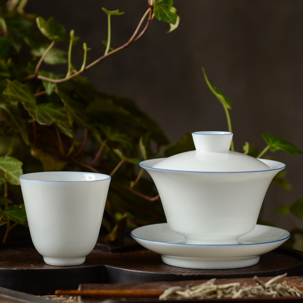 Gohobi Handmade Classic White Blue Rim Ceramic Tea Cup (Thin 60ml version)