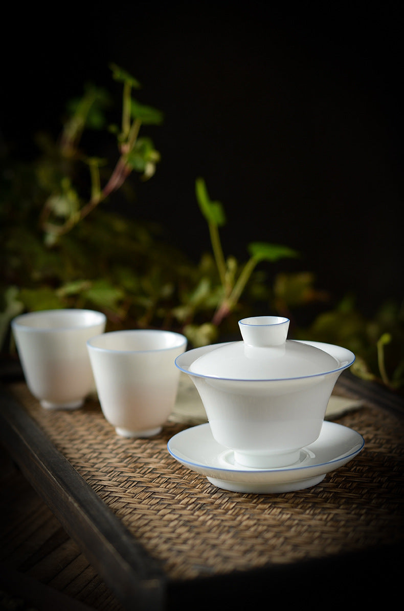 Gohobi Handmade Classic White Blue Rim Ceramic Gaiwan