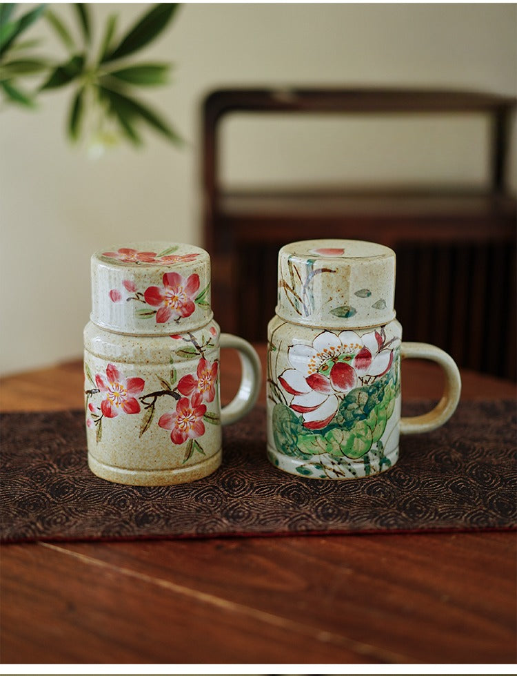 Gohobi Hand-Painted Blue and White Floral Mug with Lid Cup