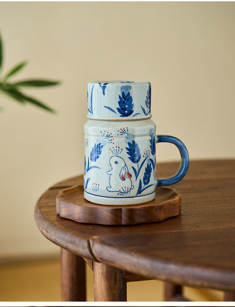 Gohobi Hand-Painted Blue and White Rabbit Mug with Lid Cup