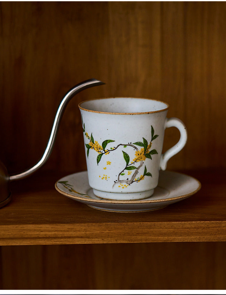 Gohobi Handmade Vintage hand-painted Floral Japanese Stoneware Coffee Mug and Saucer Set