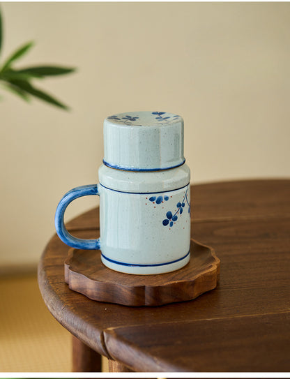 Gohobi Hand-Painted Blue and White Osmanthus Cat Mug with Lid Cup