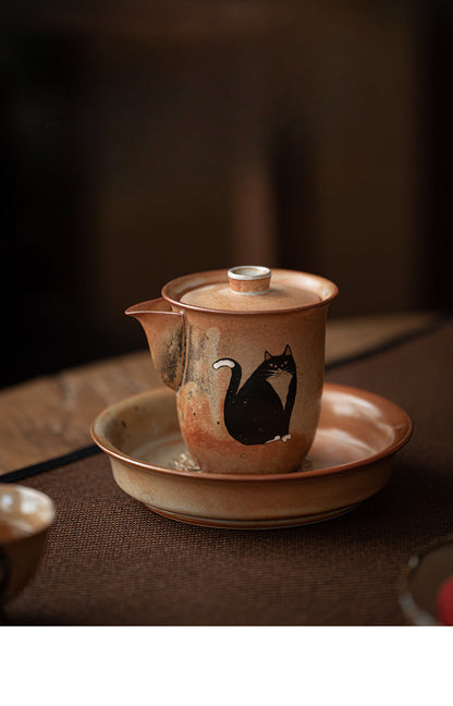 Gohobi Handmade Black Ink Hand-painted Cat Gaiwan 008  Hohin Teapot