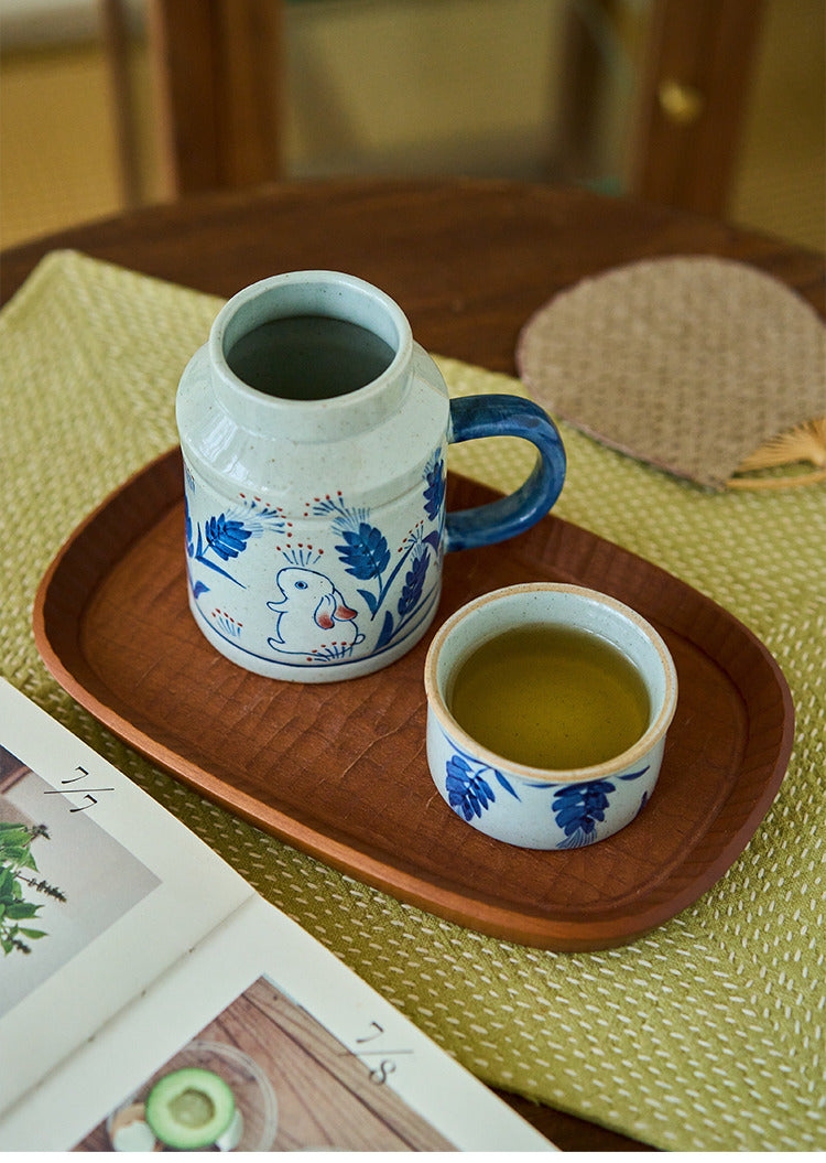 Gohobi Hand-Painted Blue and White Rabbit Mug with Lid Cup