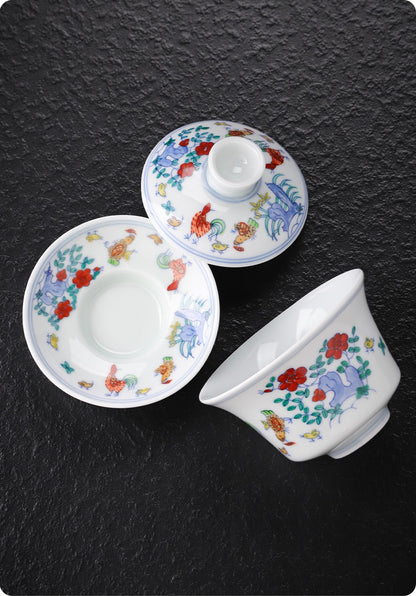 [Gohobi Gallery] Jingdezhen official ceramic hand-painted Chicken Gaiwan and Cup Set