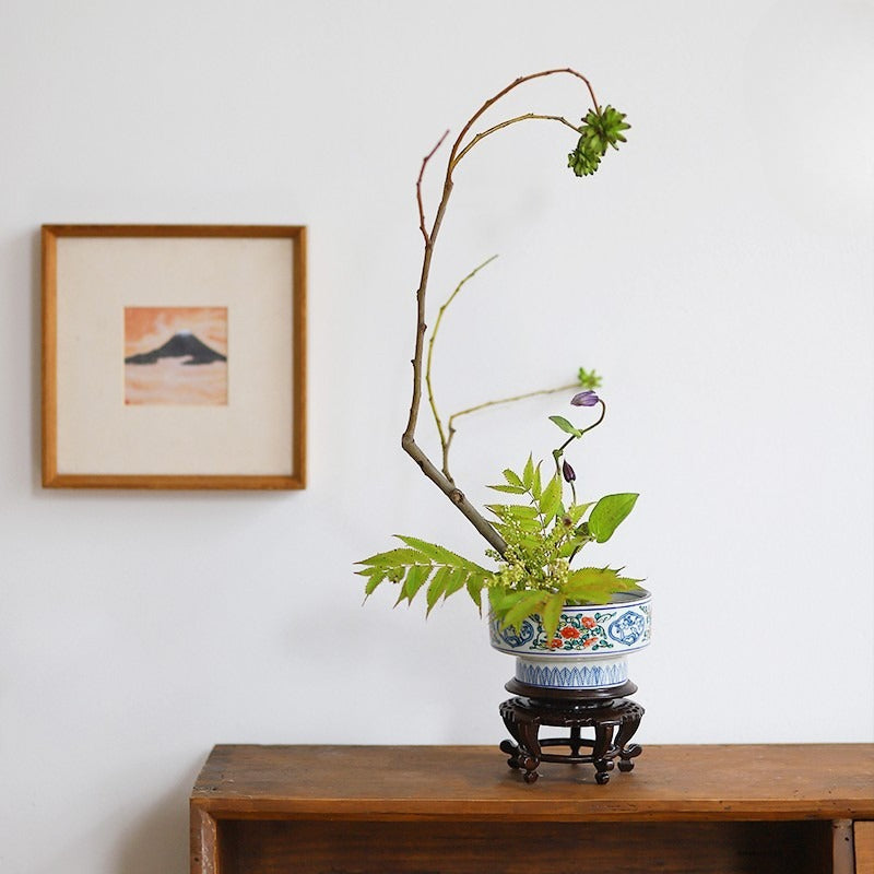 Gohobi Japanese Ikebana High-Foot Ceramic Bowl – Retro Floral Arrangement Vessel