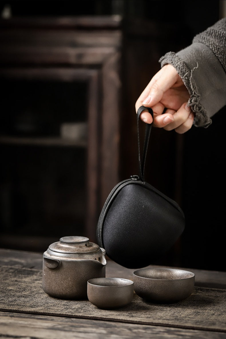 Gohobi Vintage Rustic Ceramic Travel Tea Set