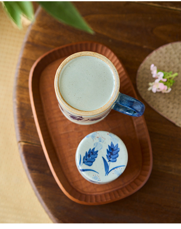 Gohobi Hand-Painted Blue and White Rabbit Mug with Lid Cup