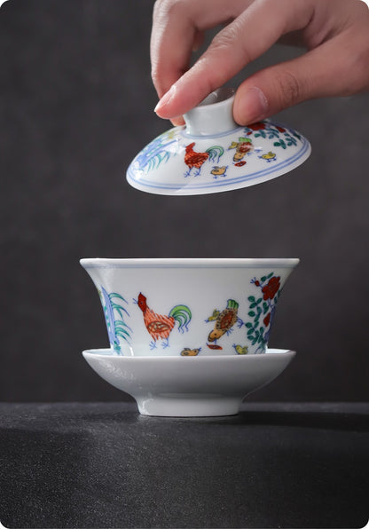 [Gohobi Gallery] Jingdezhen official ceramic hand-painted Chicken Gaiwan and Cup Set