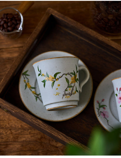 Gohobi Handmade Vintage hand-painted Floral Japanese Stoneware Coffee Mug and Saucer Set