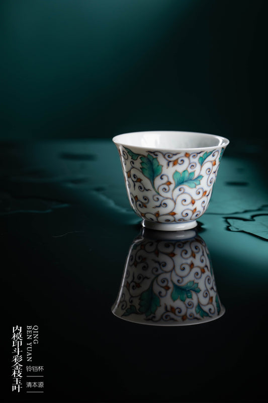 [清本源 x Gohobi Gallery] Inner-Molded Double Dragon Motif · Blue-and-White Doucai with Gilding · “Golden Branch & Jade Leaf” Bell-Shaped Cup