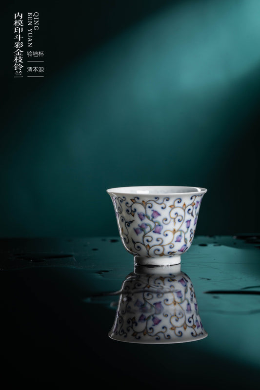 [清本源 x Gohobi Gallery] Inner-Molded Double Phoenix Motif · Blue-and-White Doucai with Gilding · “Golden Stem & Lily of the Valley” Bell-Shaped Cup