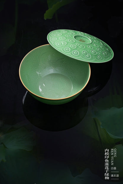 [清本源 x Gohobi Gallery] Inner-Molded Fish, Algae, and Lotus Seed · Green Glaze Lidded ContaineR