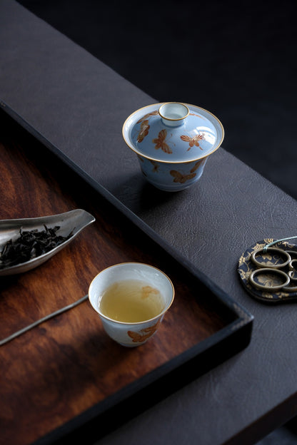 [清本源 x Gohobi Gallery] Thin-Body Blue Glazed Bell Cup with Alun-Red Butterfly Painting – Phoenix Inner Relief (65ml)