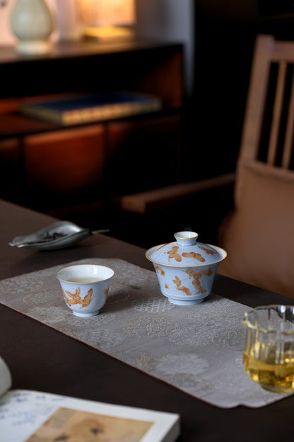 [清本源 x Gohobi Gallery] Thin-Body Blue Glazed Bell Cup with Alun-Red Butterfly Painting – Phoenix Inner Relief (65ml)