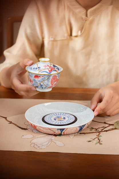 [清本源 x Gohobi Gallery] Thin-Body Gaiwan with Inner-Impressed Rubbing Print and Kintsugi Detailing – “Treasures of the Dragon Palace” Ingot Lid Form (140ml)