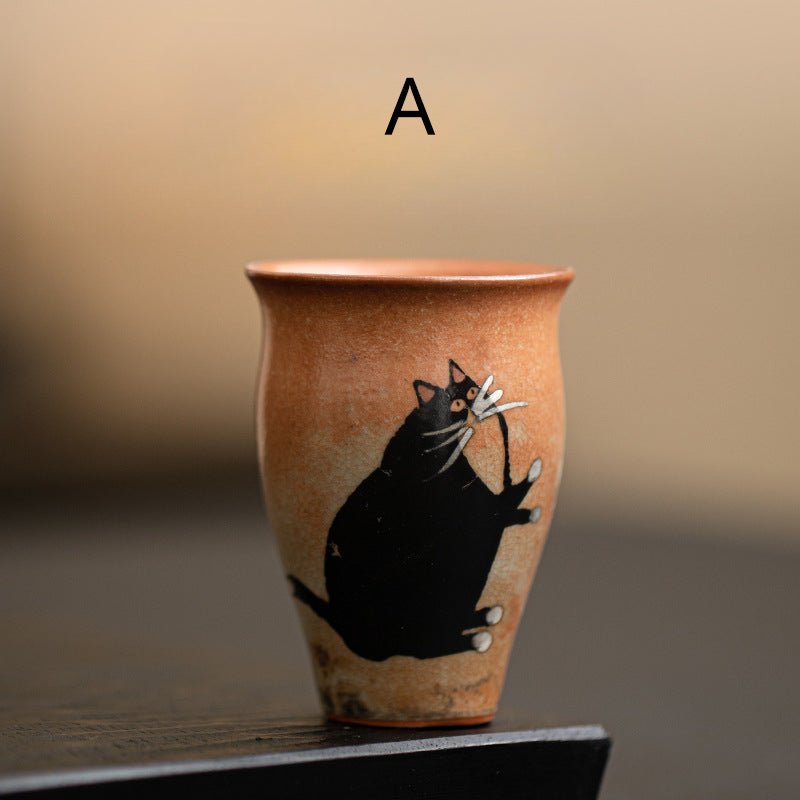 Gohobi Handmade Black Ink Hand-painted Cat Tea Cup 001