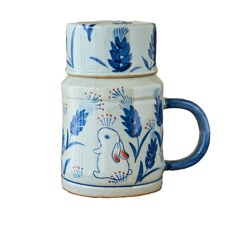 Gohobi Hand-Painted Blue and White Rabbit Mug with Lid Cup