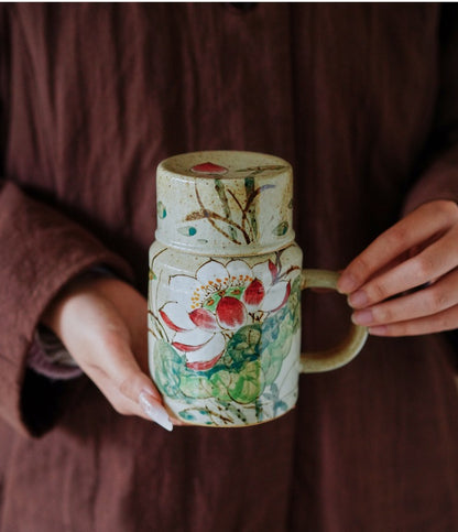 Gohobi Hand-Painted Blue and White Floral Mug with Lid Cup