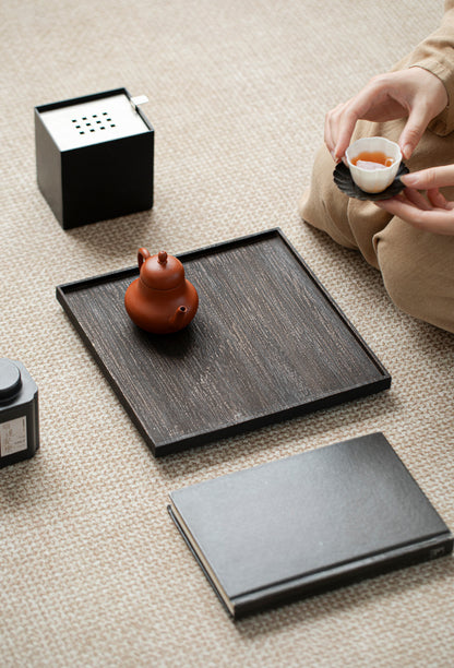 Gohobi Japanese-style Wabi-Sabi Teak Black Brown Square Tray 009