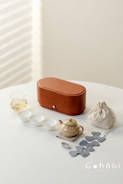 Gohobi Portable Gongfu Tea Set – Luxury Travel Tea Set Teapot & Three-Cup Set with Leather Case