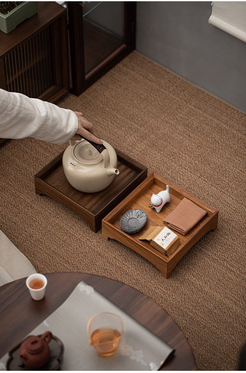 Gohobi Square Walnut Teak Wooden Serving Tray Teapot Tray