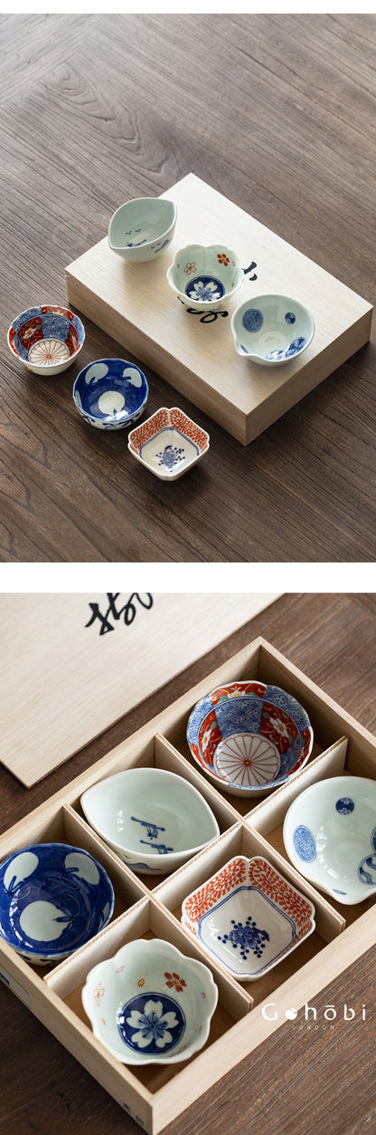 Gohobi Japanese Hosami Yaki Blue & White Small Bowl Set [Made in Japan] – Six-Piece Gift Box