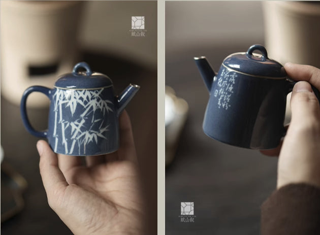[賦山敘 x Gohobi] “Garden Bamboo” Splash-Blue Carved Teapot – Handcrafted Jingdezhen Ceramic Gongfu Teapot with Colored Glaze