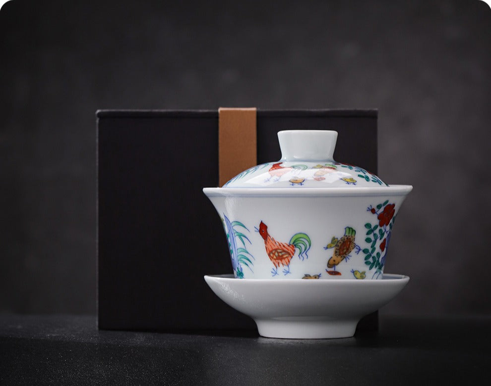 [Gohobi Gallery] Jingdezhen official ceramic hand-painted Chicken Gaiwan and Cup Set