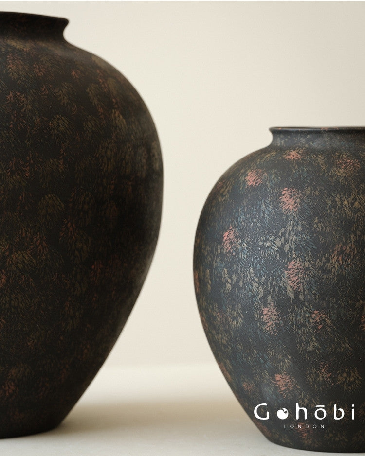 Gohobi Wabi-Sabi Japanese Style Large Black Sand Vase – Handmade Floor Standing Ceramic Flower Vase